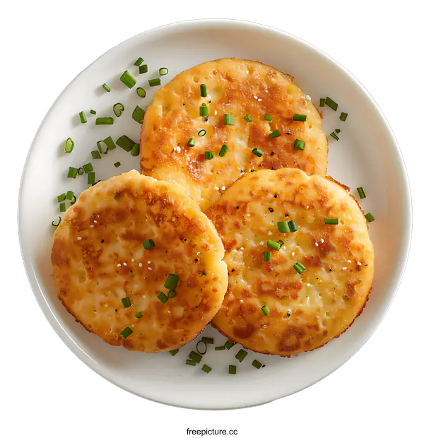 [Transparent Background PNG]Three Potato Pancakes on White Plate