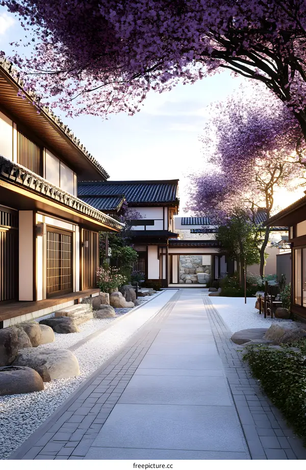 Japanese Style Garden Pathway with Cherry Blossom Trees