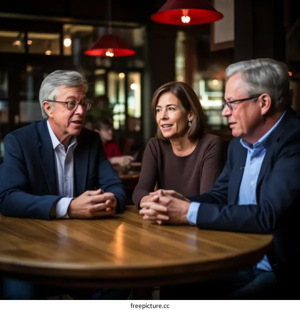 Three people are sitting around a table having a conversation