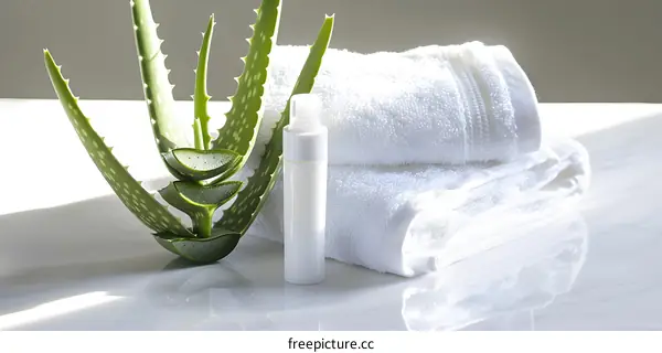 Aloe Vera Plant, White Towels, and Skin Care Bottle on White Marble Surface
