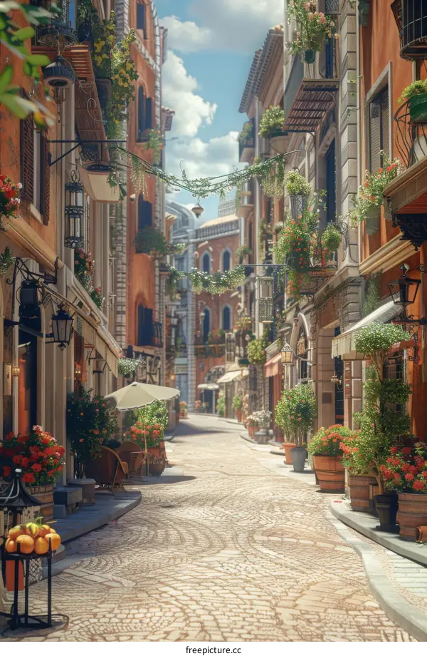 Charming European City Street with Colorful Flowers and Hanging Plants