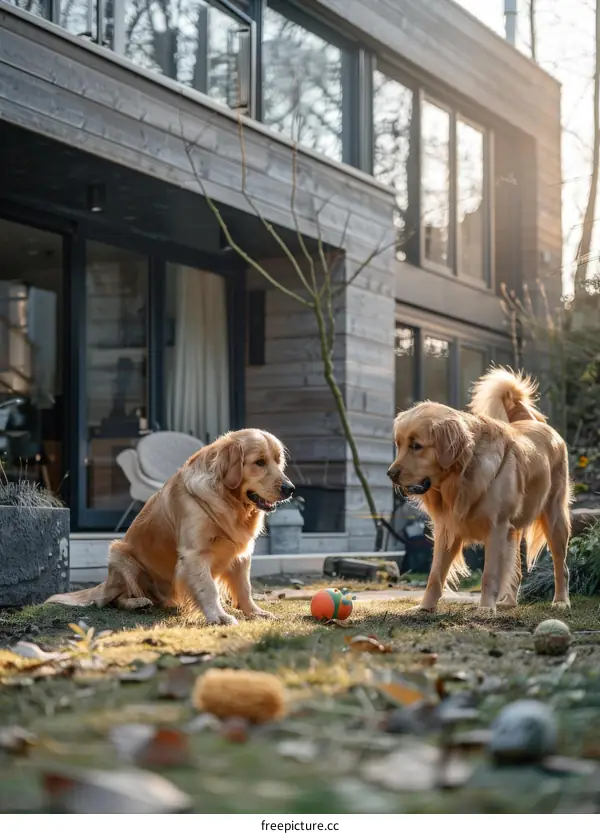 Playful Golden Retrievers in Backyard