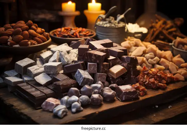 A variety of chocolates and other sweets on a wooden table