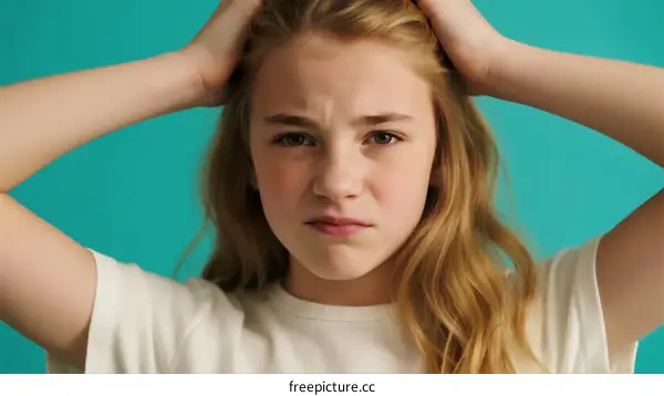 Unhappy Teenage Girl with Long Blond Hair Against Teal Background