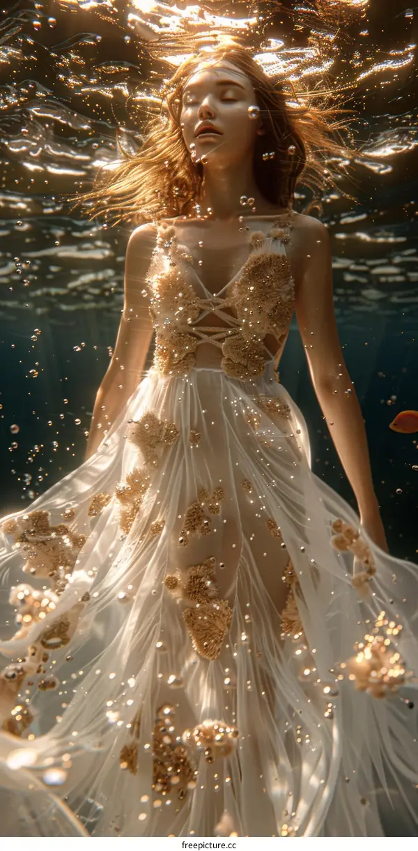 Woman in Elegant White Dress Floating Underwater