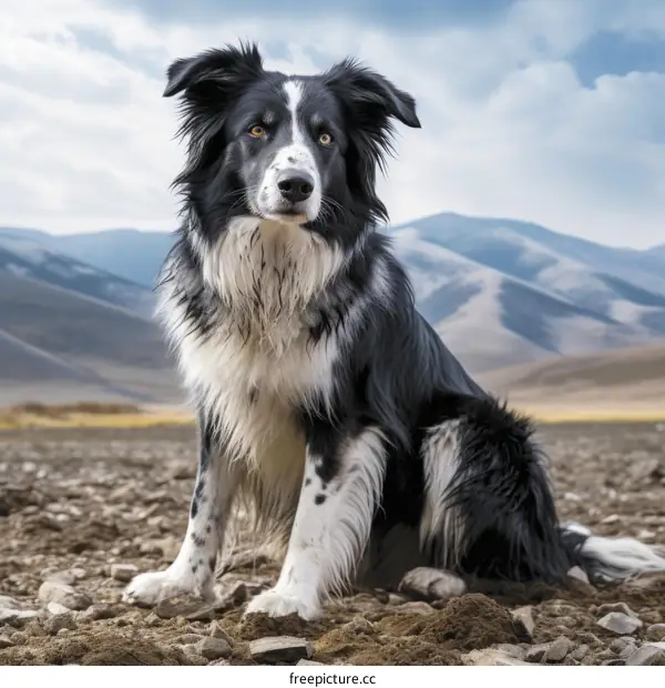 A Border Collie sits on the rocky ground in the mountains