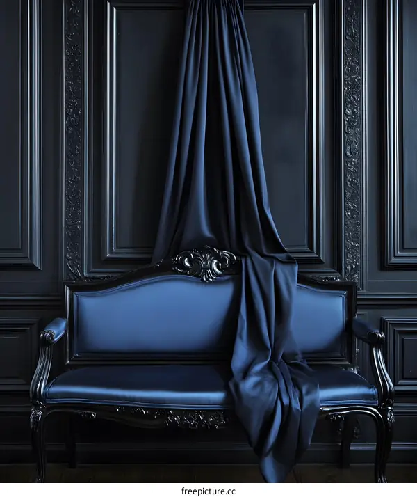Dark Blue Velvet Sofa with Black Wood Carving
