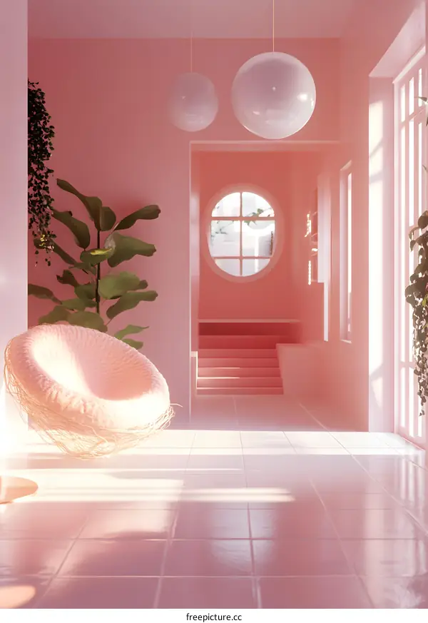 Pink Minimalist Interior Design With Round Window and Hanging Lights