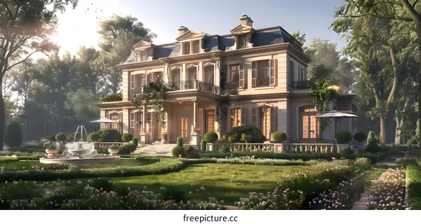 A beautiful mansion with a fountain in front of it