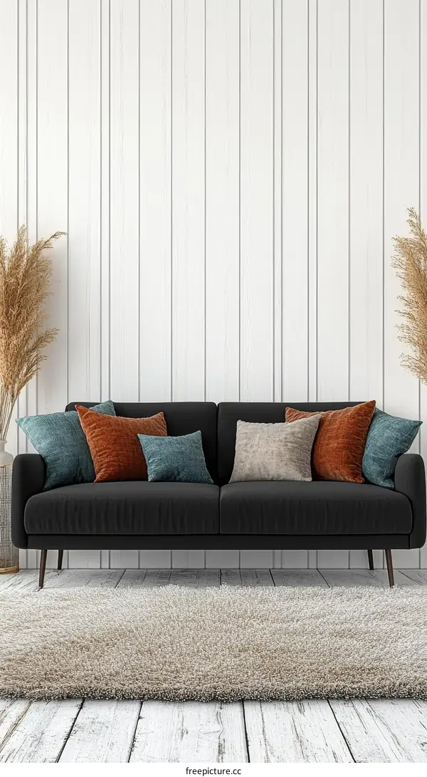 Modern Living Room Interior Design with Black Sofa