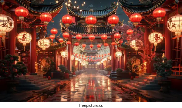 Chinese courtyard with red lanterns