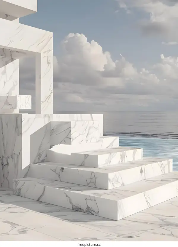 Minimalist White Marble Steps by the Ocean
