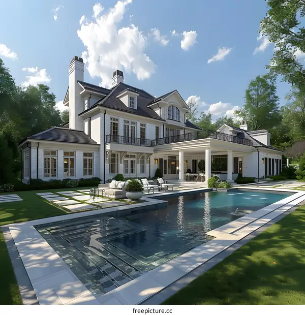 White Brick Mansion with Swimming Pool and Landscaping