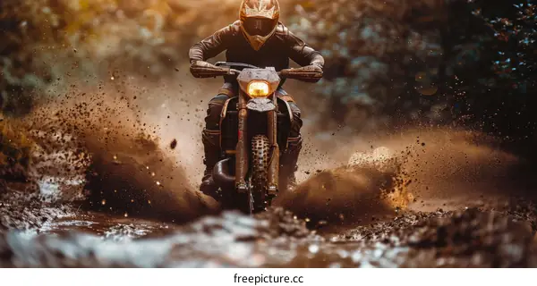 Dirt bike rider splashing through mud