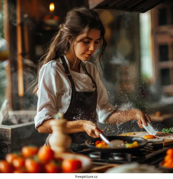 Focused young female chef seasoning food in kitchen