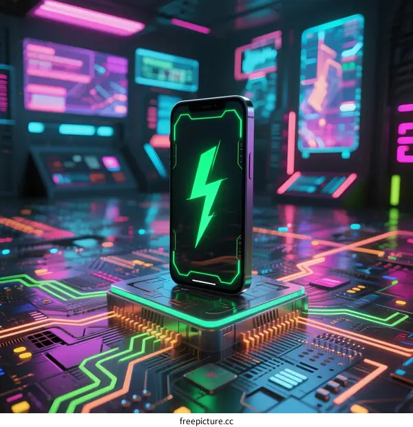 Futuristic Smartphone with Lightning Symbol on Circuit Platform