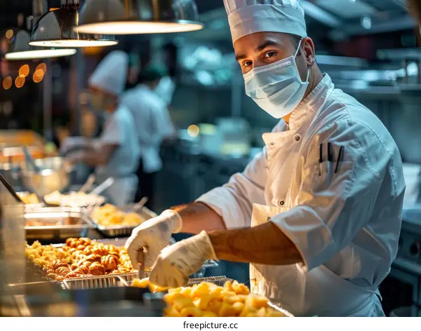 Chef wearing a mask and gloves preparing food in a commercial kitchen