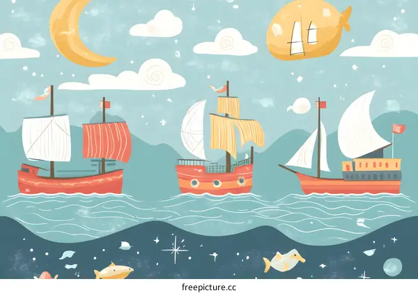 Three Cartoon Ships Sail on the Sea with a Moon in the Sky