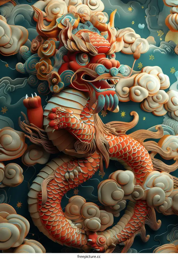 3D Rendering of a Red and Gold Chinese Dragon with Clouds