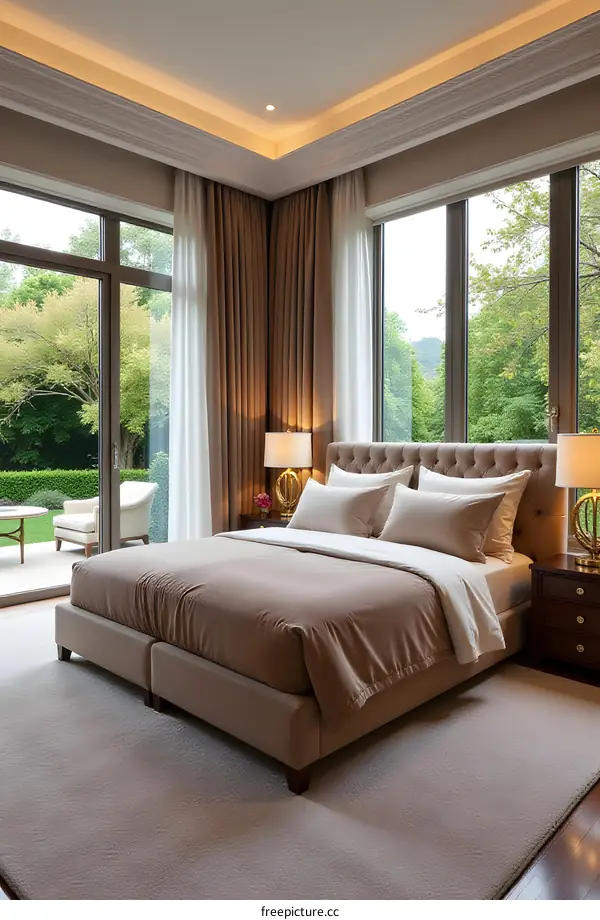 Modern Bedroom Interior Design with Large Windows and Beige Bedding