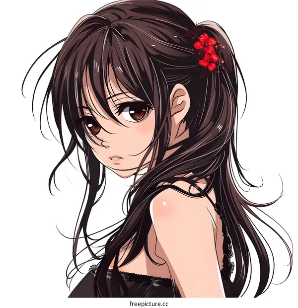 Anime Girl with Long Brown Hair and Red Flowers in Hair