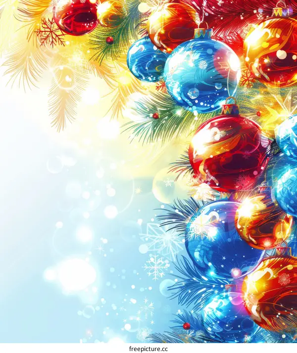 Christmas background with blue, red and gold balls