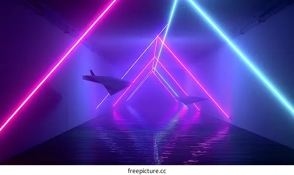 Neon Light Tunnel with Paper Airplane