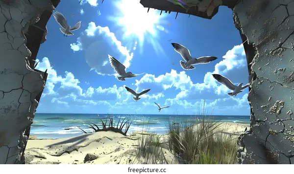 Seagull Flying Through A Crack In The Wall