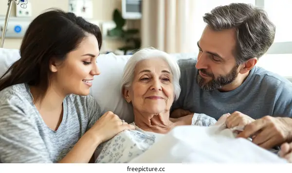 Family Visiting Elderly Woman in Hospital
