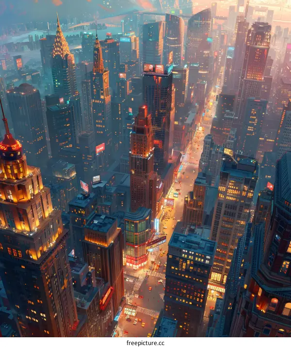 Aerial View of a Night Cityscape with Illuminated Buildings