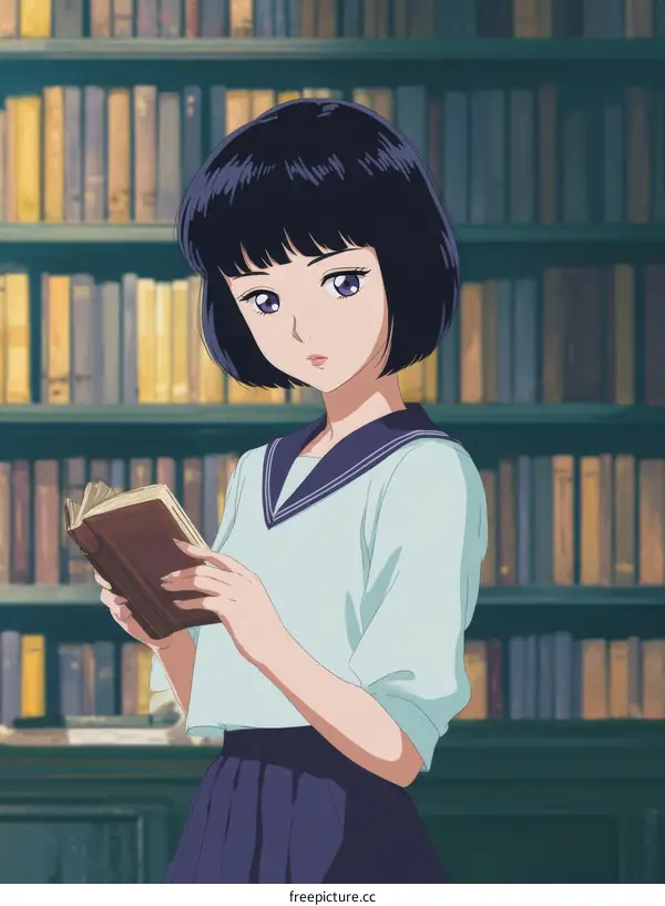 Anime Girl Reading in a Library Illustration