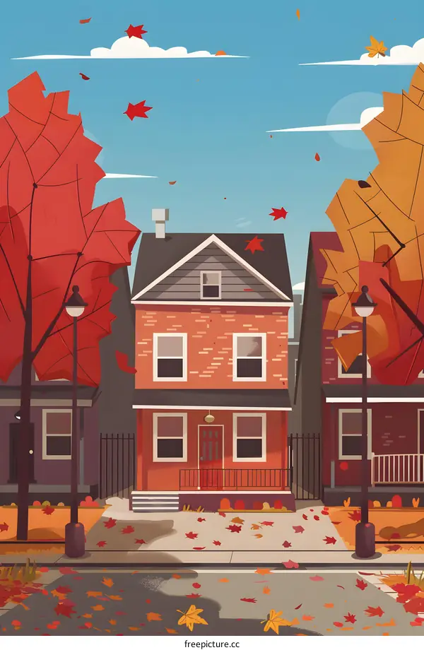 Autumn Leaves Fall on Street in Front of Brick Houses