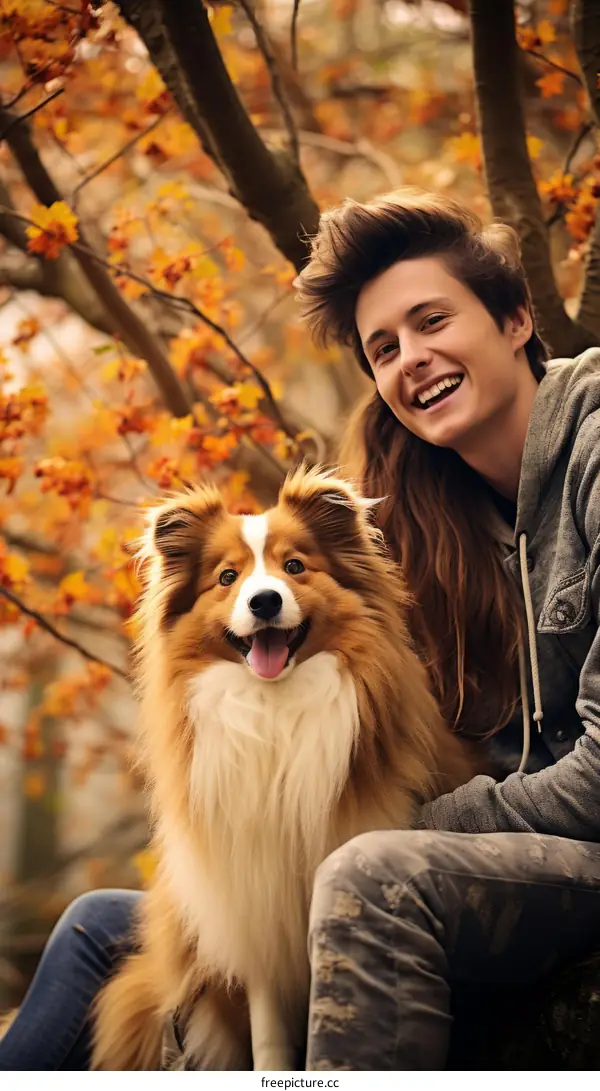 Happy woman with her dog in the fall