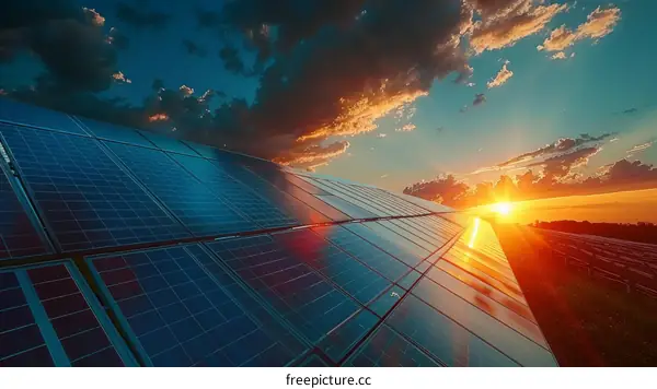 Large solar farm at sunset