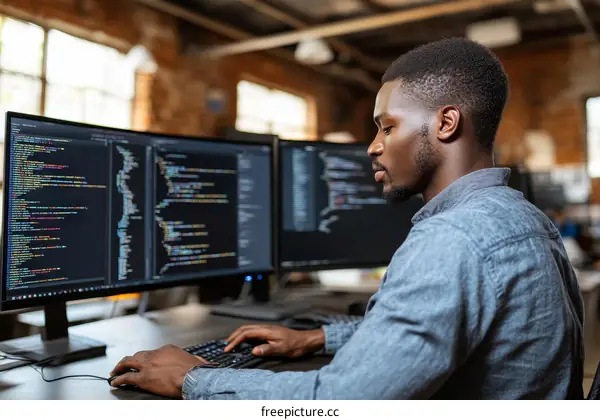 African American Programmer Working on Computers