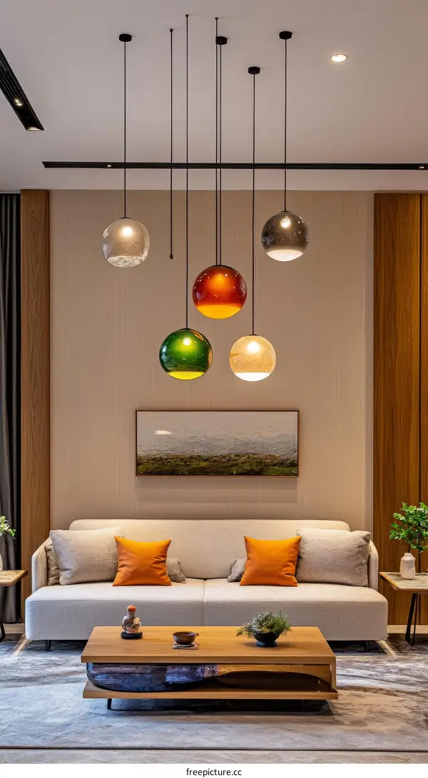 Modern Living Room Interior Design with Colorful Pendant Lamps