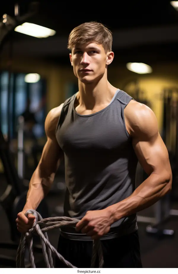 muscular man with blonde hair in a gray tank top holding a rope in a gym