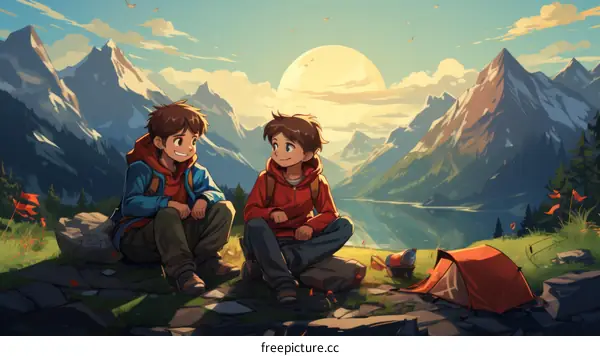 Two friends are sitting on a rock in front of a beautiful mountain landscape. There is a tent on their right. The sun is setting and the sky is orange.