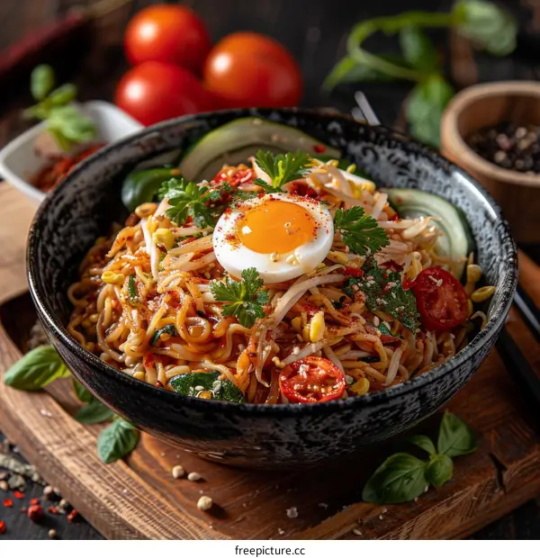 Korean spicy sesame garlic noodles with vegetables, eggs and cucumber