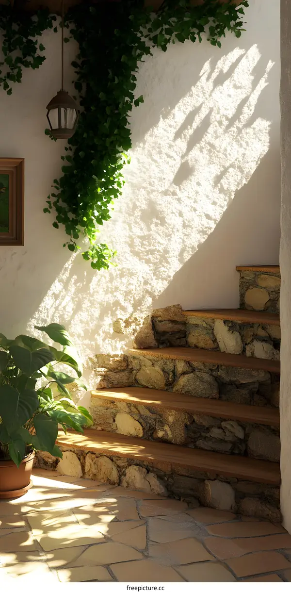 Stone Steps Leading Up To A White Wall With Ivy Growing On It