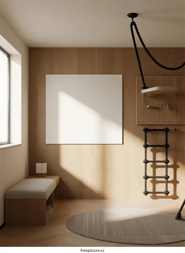Minimalist Wooden Room with Modern Fitness Equipment and Large White Canvas