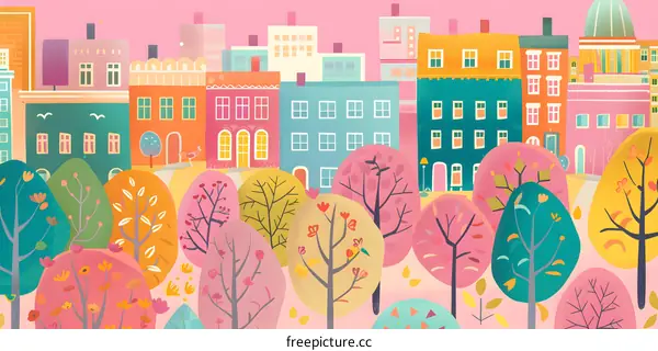 Colorful Cityscape Illustration With Buildings And Trees