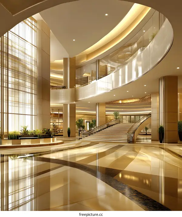 Luxury Hotel Lobby Interior Design With Marble Floor and Staircase