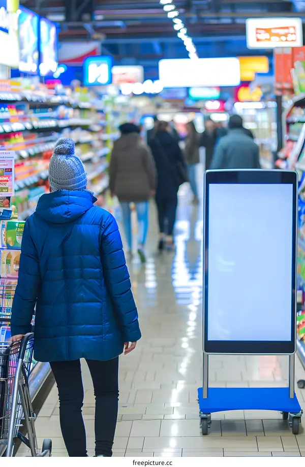 Woman Pushing Shopping Cart in Supermarket Aisle With Blank Digital Signage