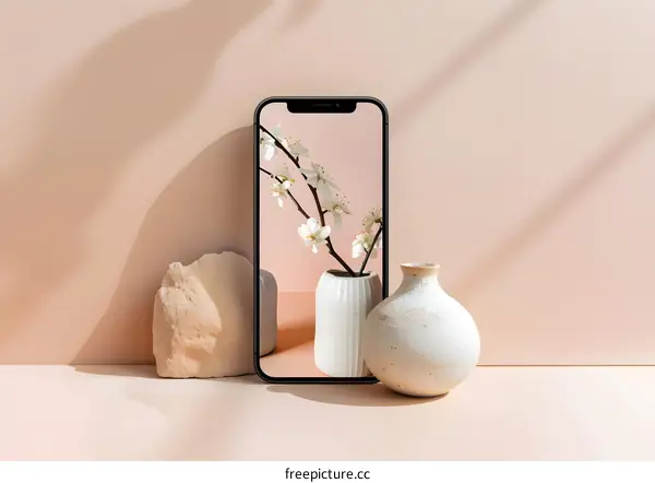 Minimalist Phone Mockup with White Flowers in Vase