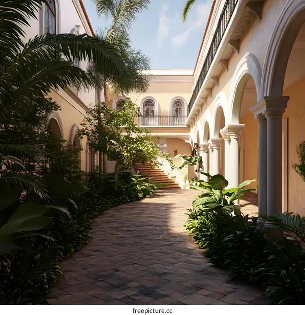 Tropical Courtyard with Stone Pathway and Archways