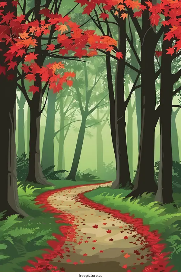 Autumn Forest Path with Red Leaves