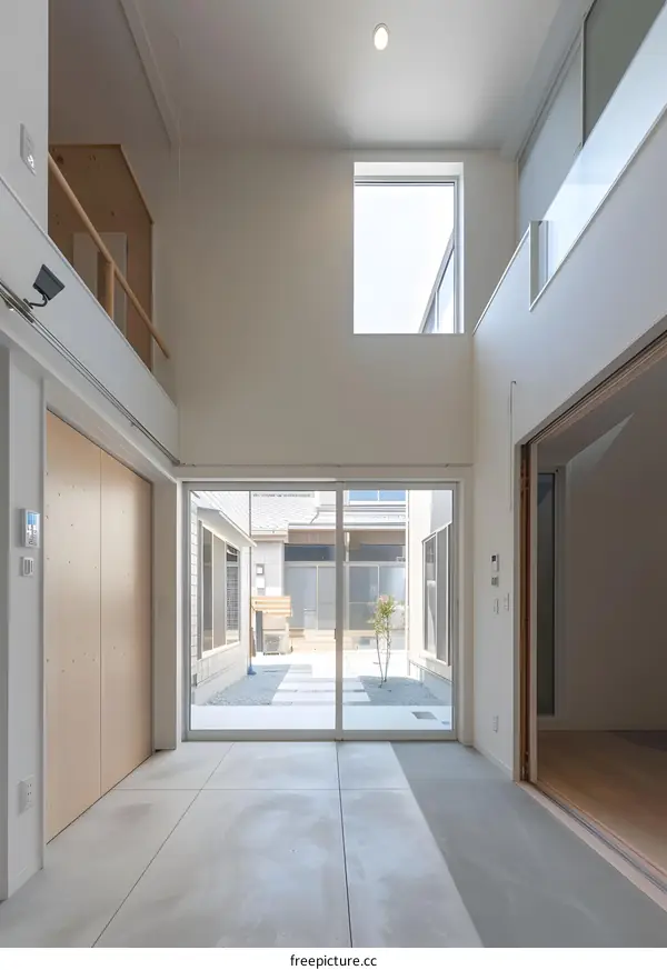 Modern Minimalist Interior Design of a Japanese House with a Glass Door Leading to a Small Courtyard