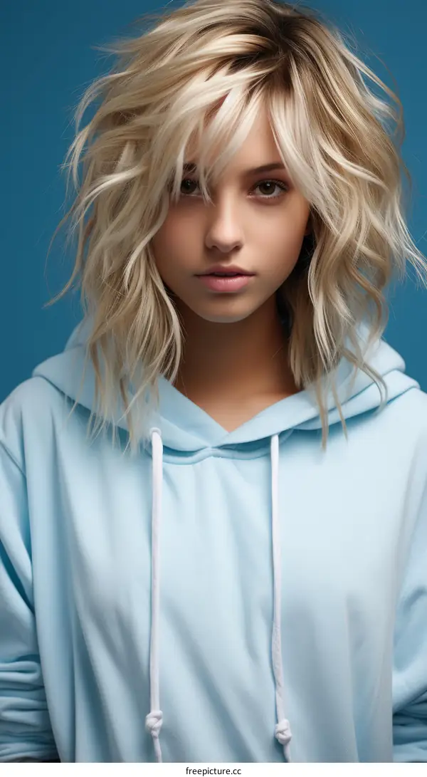 Portrait of a young blonde woman in a blue hoodie
