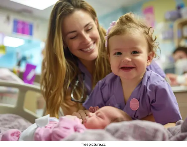 Toddler and baby in hospital room with nurse